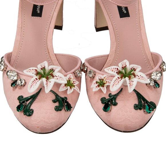 Dolce & Gabbana - Crystal Lily Brooch Brocade Ankle Strap Pumps VALLY Pink EUR 3 - Picture 5 of 5